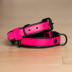 Pink Leather Dog Collar with Black Padding – Handmade Adjustable