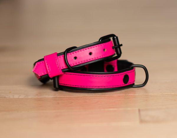 Pink Leather Dog Collar with Black Padding – Handmade Adjustable