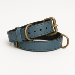 Blue leather dog collar with brass buckle and D-ring, handmade and adjustable for dogs of all sizes. Classic design and durable leather.
