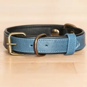 Blue leather dog collar with brass buckle and D-ring, handmade and adjustable for dogs of all sizes. Classic design and durable leather.