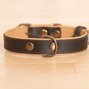 Dark brown leather dog collar with tan inner padding and brass hardware, handmade and adjustable for dogs of all sizes.