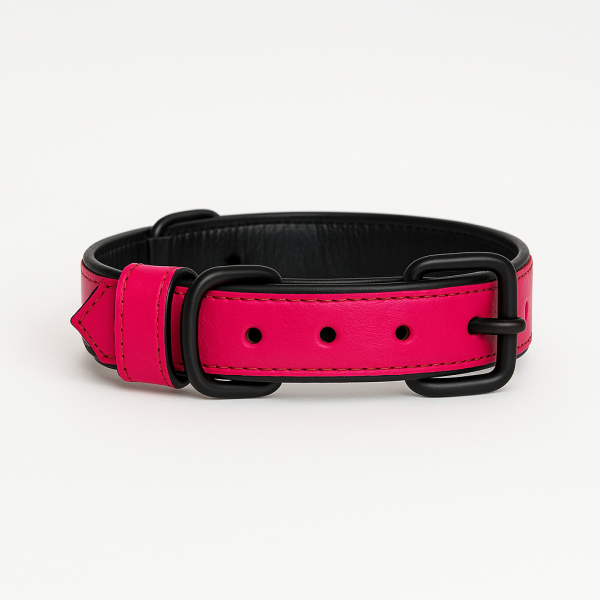 Pink Leather Dog Collar with Black Padding – Handmade Adjustable Pink Leather Dog Collar with Black Padding – Handmade Adjustable