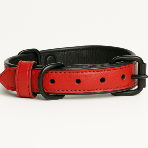 Red leather dog collar with soft black inner padding and matte black hardware, handmade and adjustable for dogs of all sizes.