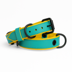 Teal leather dog collar with bright yellow padded inner lining and matte black hardware, handmade and adjustable for dogs of all sizes.